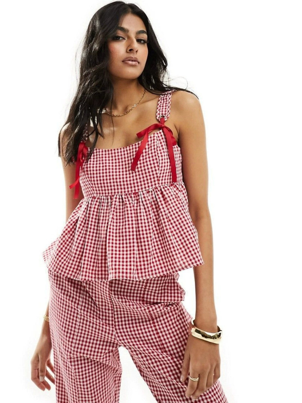 Zara Plaid Bow Adjustable Strap Camisole Top Ruffled Hem